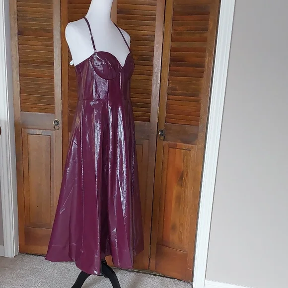 STAUD Plum Abstract Faux Leather Midi Dress Sz 12 - Picture 5 of 15